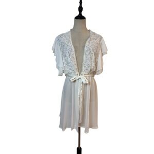 Vtg Seductivewear Sheer Short Robe Sz XL White Floral Bridal Boudoir Cover Up